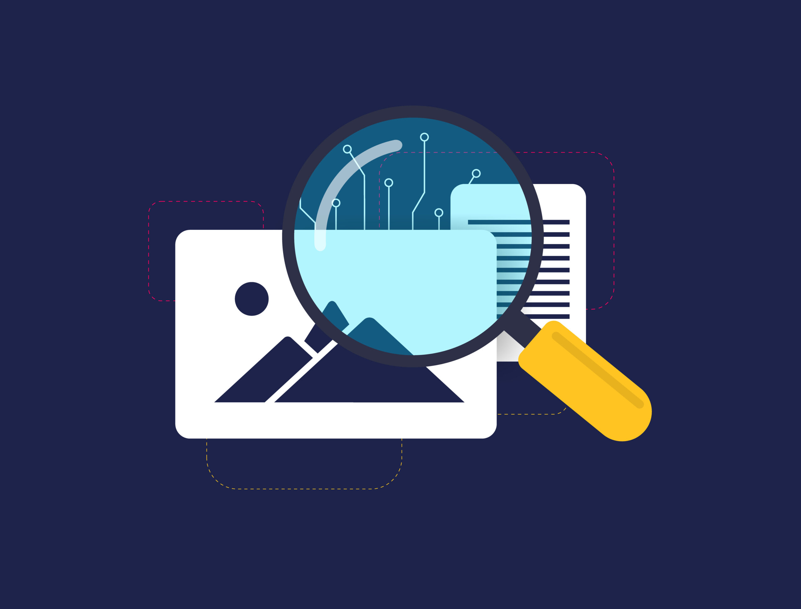 AI Content Detector concept. Detect Artificial Intelligent Content generated images or ai writing detector tool text. Vector isolated illustration on black background with icons