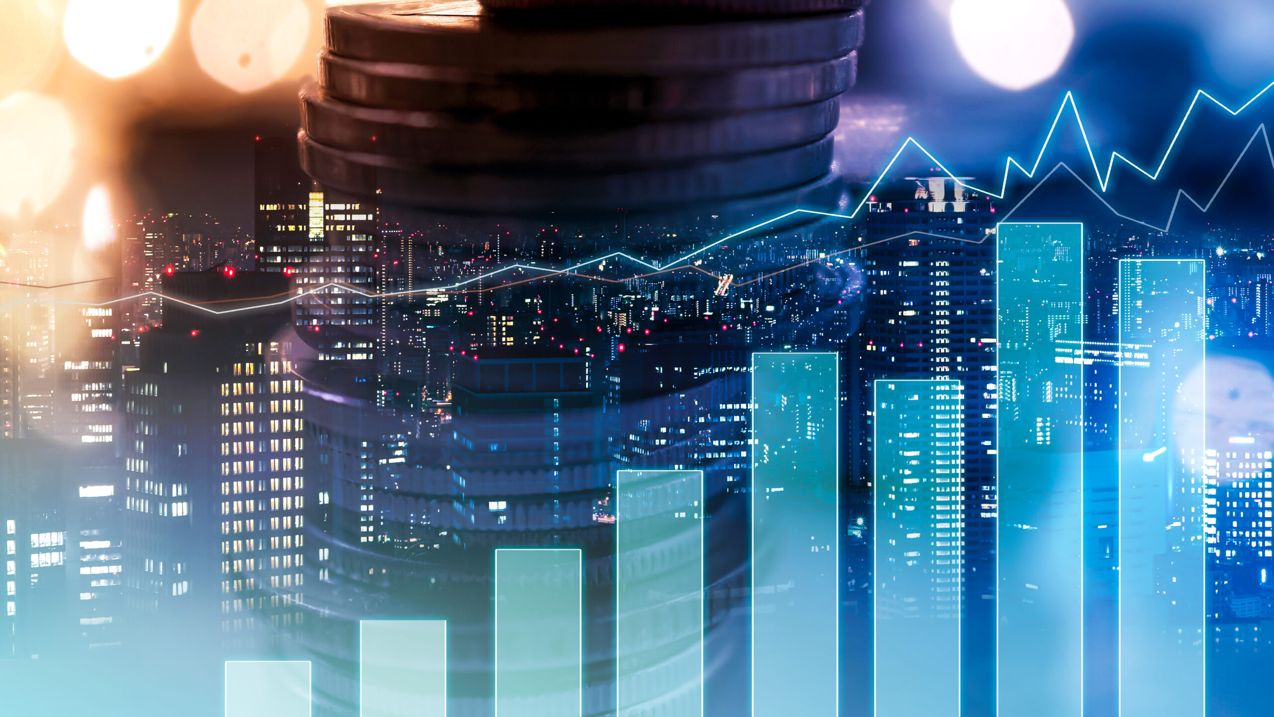 Double exposure of city view , diagram bar and line graph , rows