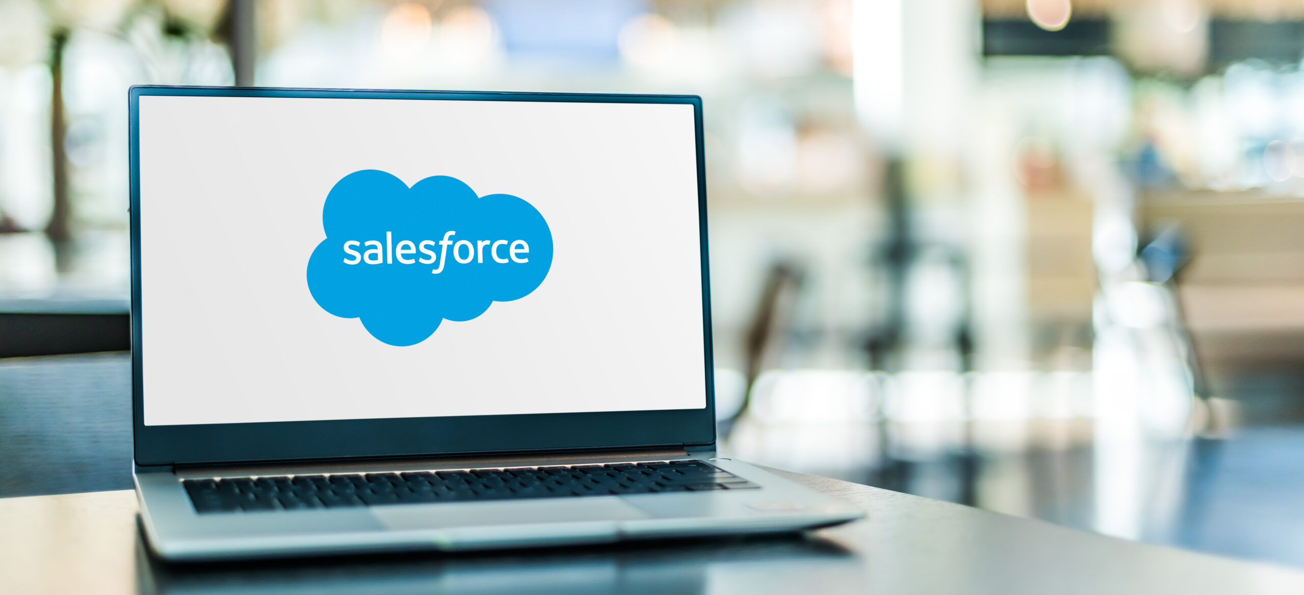 Laptop computer displaying logo of Salesforce.com