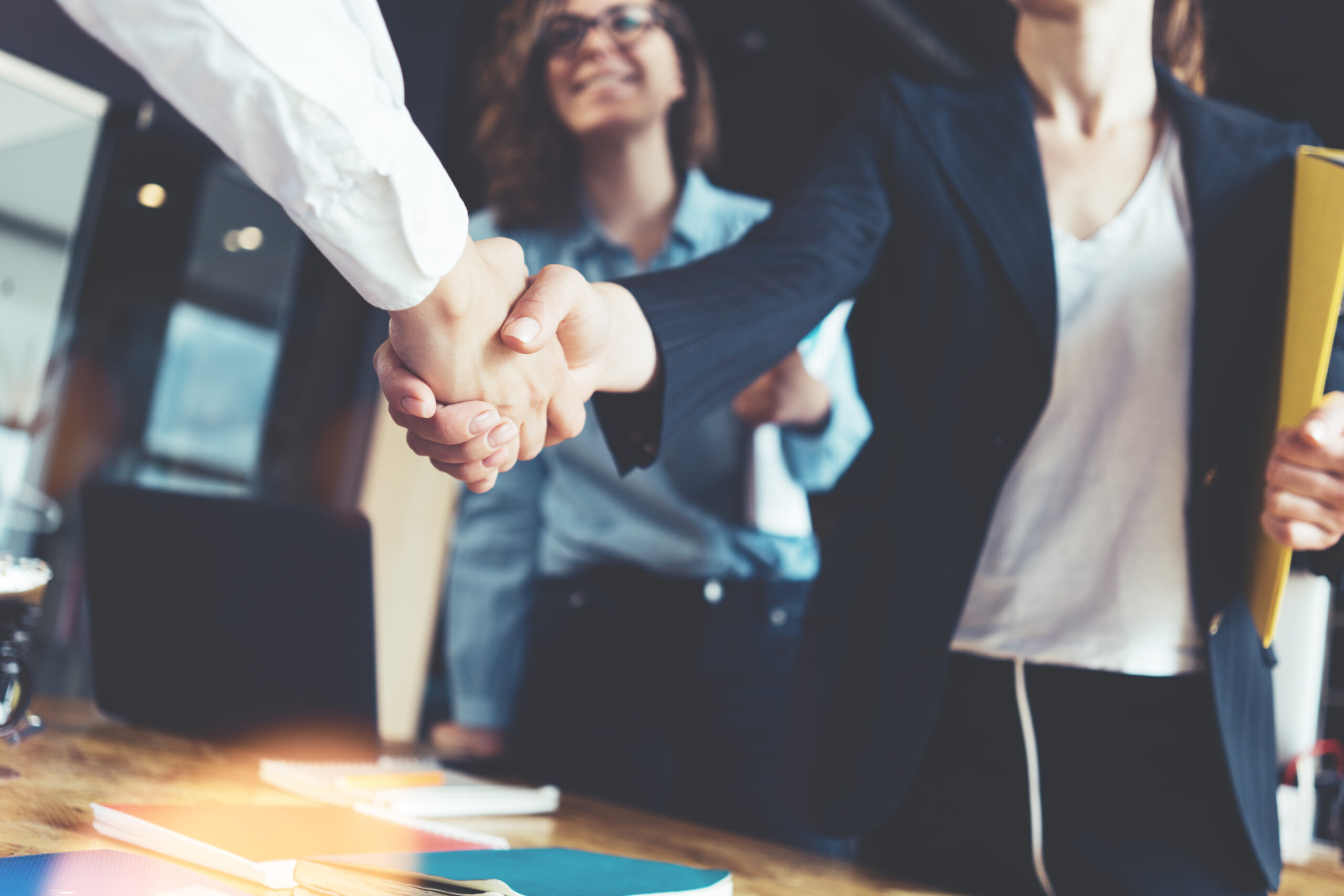 Young business people shaking hands in the office.