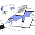 email marketing campaign subscription newsletter or online announcement to customer digital advertising concept businessman on mobile phone using megaphone to send flying email newsletter online.