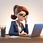 A 3D animated woman with brown hair and glasses sits at a desk, looking tired as she works on her laptop.