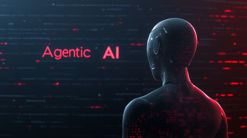 Futuristic robot analyzing data, representing Agentic AI in digital environment.