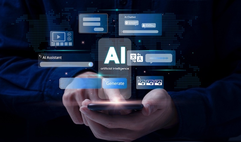 Artificial Intelligence and mobile technology concept. Man using AI Phone for Generative Edit, Live Translate, Circle to Search, Chatbot assistant conversation. generative AI. innovation. smartphone.