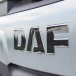 Minsk. Belarus. May 28, 2020. Street lighting. On the truck cab is the inscription Daf. Sun flare. Close up.