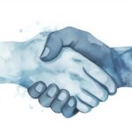 Watercolor strokes forming a handshake silhouette, soft blue and gray tones, minimal and professional design for partnership concepts