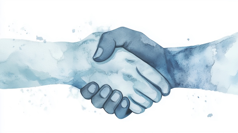 Watercolor strokes forming a handshake silhouette, soft blue and gray tones, minimal and professional design for partnership concepts
