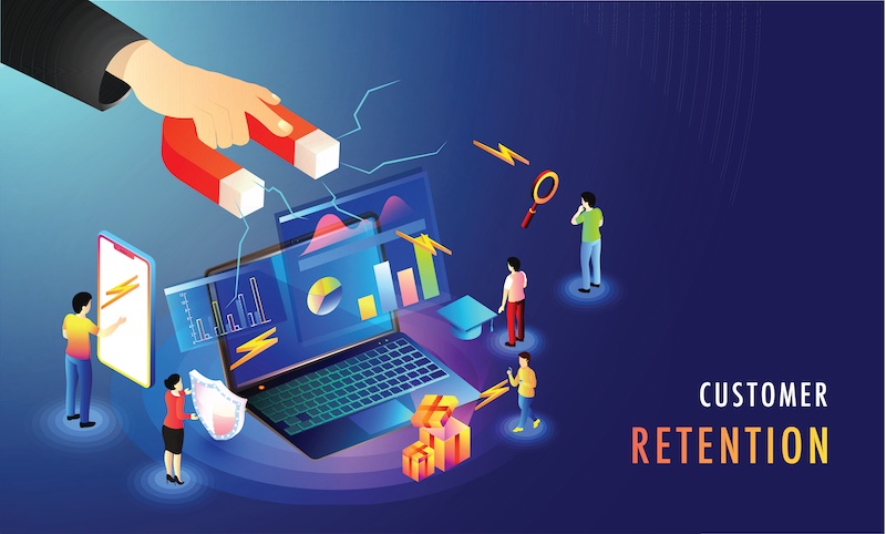 Isometric design for Customer Retention, miniature people shopping online, shopper attract potential buyers through providing best deals E Business and Marketing idea.
