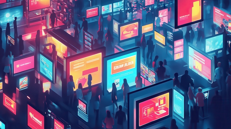 Crowded digital marketplace with numerous screens.