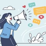 Businesswoman with Megaphone Announcing Message, Social Media Communication, Woman Speaking through Loudspeaker, Promoting Ideas Concept