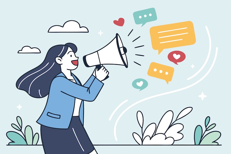 Businesswoman with Megaphone Announcing Message, Social Media Communication, Woman Speaking through Loudspeaker, Promoting Ideas Concept