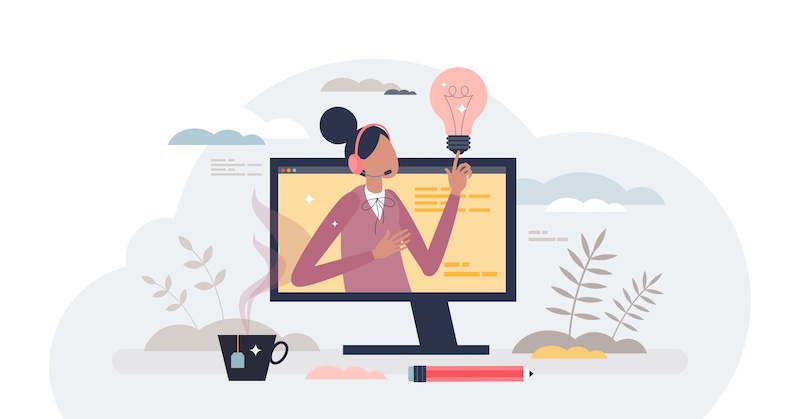 Virtual assistant as distant customer support operator tiny person concept, transparent background. Professional help service or call center technical agent character illustration.