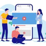 People working on business video content Three people in marketing department working on computers with social media and advertisement. Flat design vector illustration with white background