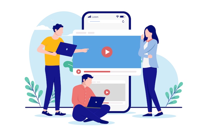People working on business video content Three people in marketing department working on computers with social media and advertisement. Flat design vector illustration with white background