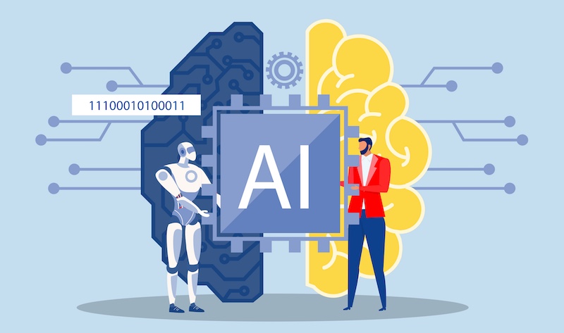 Partnership contact,Businessman matching cyborg idea or artificial intelligence technology futuristic, AI, with brain Machine future cooperation vector illustrator