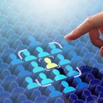 Target market or audience. Marketing segmentation strategy and plan. Marketer touching client icon.
