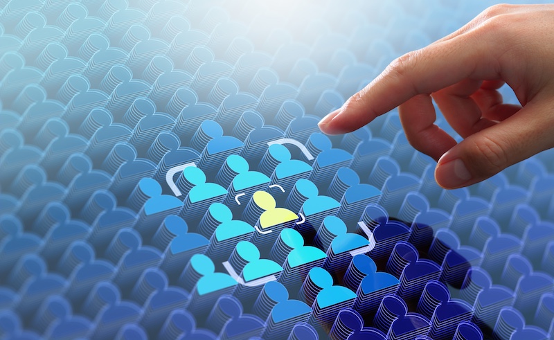 Target market or audience. Marketing segmentation strategy and plan. Marketer touching client icon.
