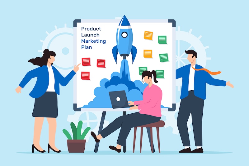 Vector illustration of employees setting up product launch marketing plan with sticky notes on whiteboard market debut