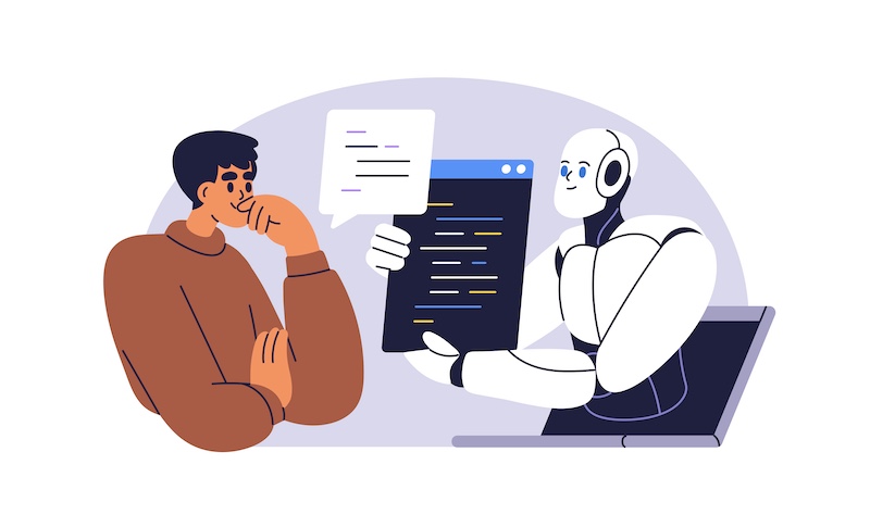 AI technology, virtual assistant helping. Automated support and problem solving. Digital online chatbot, robot and human communication concept. Flat vector illustration isolated on white background