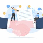 B2B or Business to Business Marketing Vector Illustration. Businessmen and Client Shaking Hands After Set Strategy, Sales and Commerce for Agreed Transaction