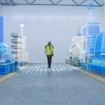 Female Engineer Walks Through Factory Workshop with Augmented Reality 3D Models CNC Machinery Production Line. Industry 4.0 Graphics Visualization in Factory. VFX Special Graphics and Visual Effects