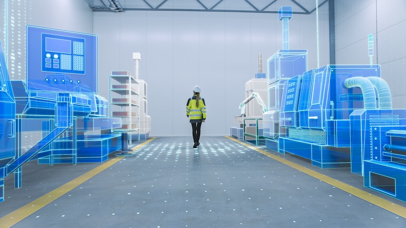 Female Engineer Walks Through Factory Workshop with Augmented Reality 3D Models CNC Machinery Production Line. Industry 4.0 Graphics Visualization in Factory. VFX Special Graphics and Visual Effects