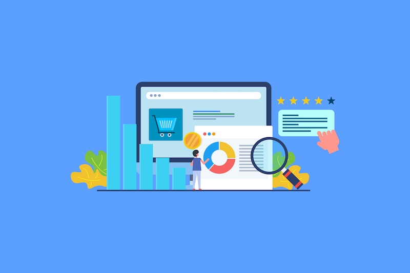 Ecommerce analytic, data driven marketing, customer decision, review, experience concept, flat design vector banner with character figure.