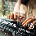 Hands typing on keyboard with digital graphics showing data and API integration concept in modern office environment. Asymptotic smart data analytic