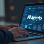Person using laptop with AI agents screen on display, business and agentic ai technology concept, dark moody atmosphere