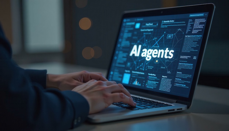 Person using laptop with AI agents screen on display, business and agentic ai technology concept, dark moody atmosphere