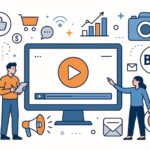 Modern flat line vector illustration of digital marketing specialists collaborating on B2B strategies, analyzing video performance, social media, email marketing, and e commerce data