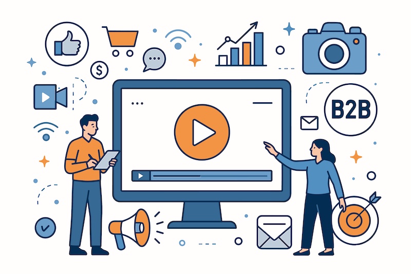 Modern flat line vector illustration of digital marketing specialists collaborating on B2B strategies, analyzing video performance, social media, email marketing, and e commerce data