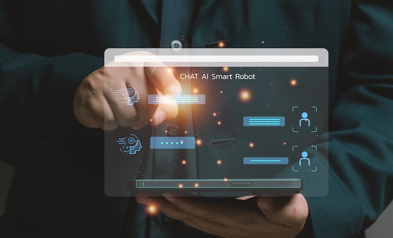 Chat with Al, Artificial Intelligence. man using mobile phone for AI technology smart robot and hold the virtual scree online on hand. Internet use for conversation information for answer assistant.