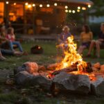 Friends Gather Around a Bonfire in the Backyard of a Cabin