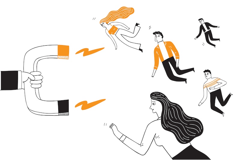 Businesses marketing concept, The crowd flew towards a huge magnet similar to gravity.