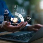Businessman managing digital procurement process with contract, invoice, approval documents, representing B2B sourcing, vendor management, supply chain, e procurement, paperless contract workflow.