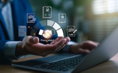 Businessman managing digital procurement process with contract, invoice, approval documents, representing B2B sourcing, vendor management, supply chain, e procurement, paperless contract workflow.