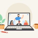 people connecting together, learning and meeting online via teleconference or video conference remote working on laptop computer, work from home and anywhere, flat vector illustration