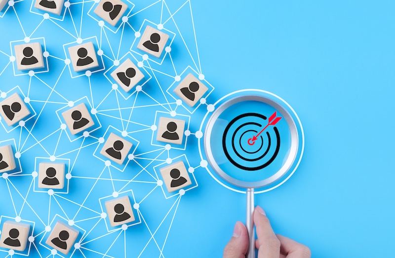 CRM, customer relationship management concept. Customer profile icons connected to target customer relationship management and targeted marketing strategies. Community online network technology,
