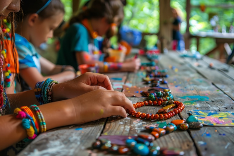 Children engaging in beadwork at a colorful craft table during a creative workshop