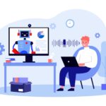 Happy office worker using robot assistant vector illustration. Cartoon drawing of man sitting in chair and using voice recognition for work. AI, modern technology, assistance concept