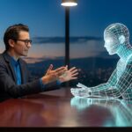 Businessman interacts with a human avatar, representing AI and virtual collaboration in a modern office with a city view.