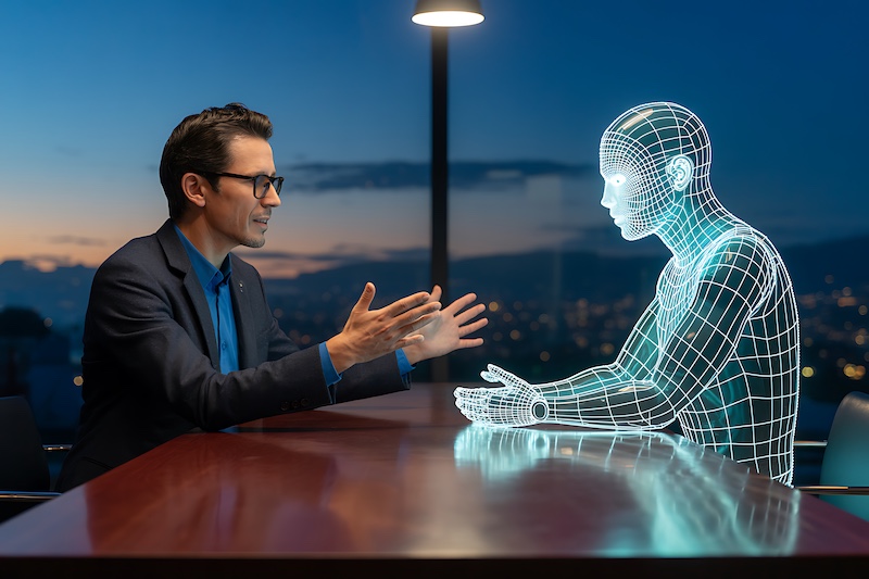 Businessman interacts with a human avatar, representing AI and virtual collaboration in a modern office with a city view.