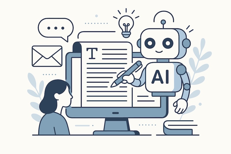AI writing assistant concept. Robot chatbot helps user write text on computer. Artificial intelligence technology for content creation, copywriting, storytelling and blogging.
