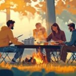 B2BMX 2025 Summer Camp Group of young adults camping in autumn forest with campfire and tent