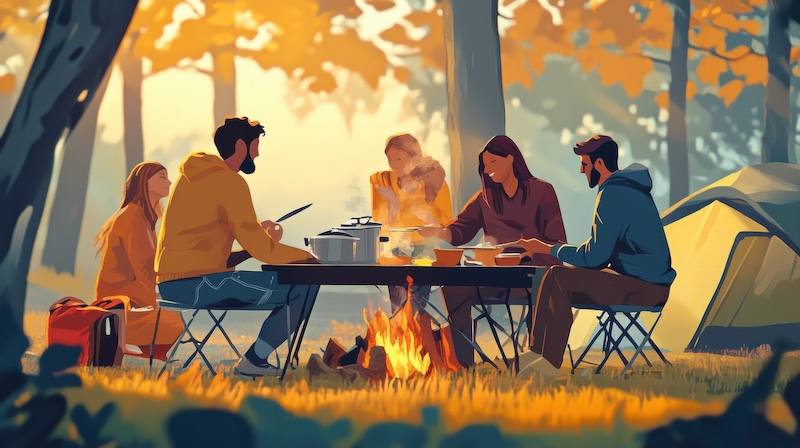 B2BMX 2025 Summer Camp Group of young adults camping in autumn forest with campfire and tent