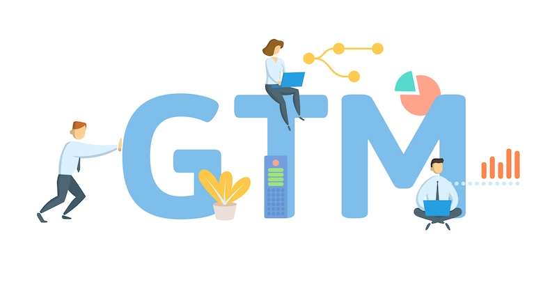 GTM, Go To Market. Concept with keyword, people and icons. Flat vector illustration. Isolated on white.