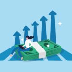 Increase income or salary raise, growing investment, wealth or saving profit, revenue rising, improvement or accumulate wealth concept, woman working with computer on banknote money growing graph.
