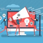Public relations teamwork concept, flat vector illustration poster
