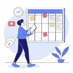 Illustration of a person planning and organizing on a bulletin board